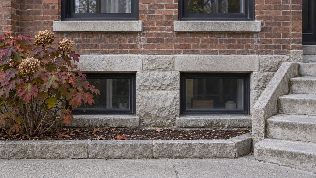 Close view of a brown-red brick two-flat with limestone foundation, dark-framed garden windows, worn stone steps and bronze-leaved oakleaf hydrangea.