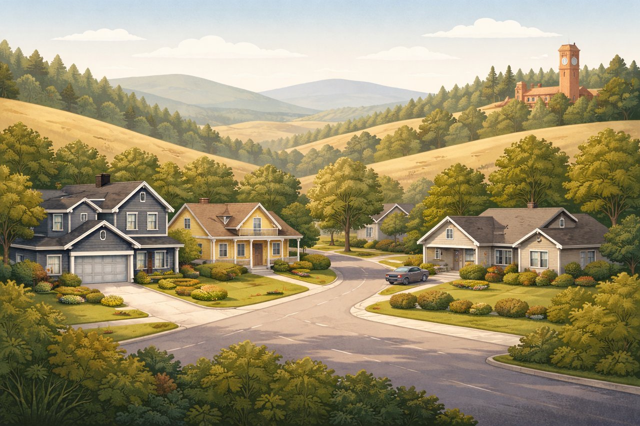Palouse style illustration showing homes for sale in Pullman, Washington representing days on market and local real estate activity.