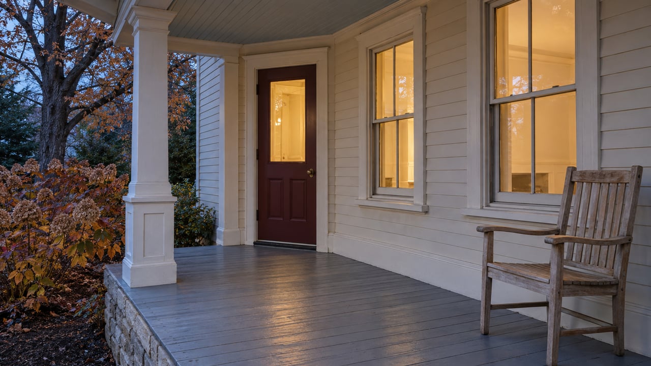 Covered clapboard porch with a burgundy entry door, warmly lit sash windows, weathered gray floorboards and autumn planting beside a stone foundation.