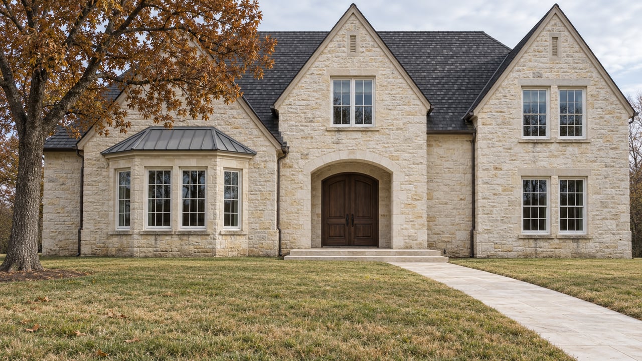 Cream limestone home with steep charcoal gables, white divided-light windows and a broad autumn lawn beneath a russet oak.