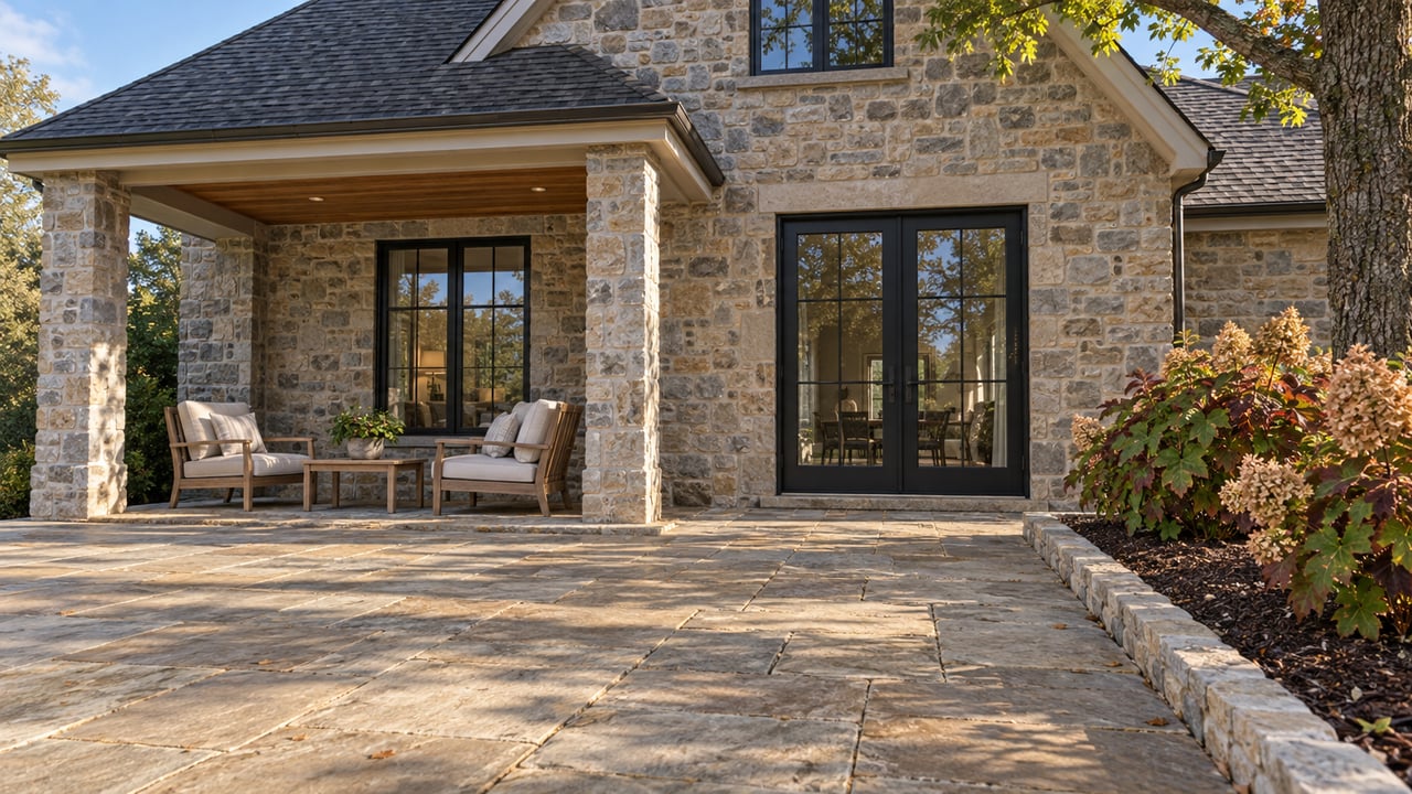 Morning light on a stone home's rear terrace, with closed glass doors, teak seating, and oakleaf hydrangeas beside a mature white oak.