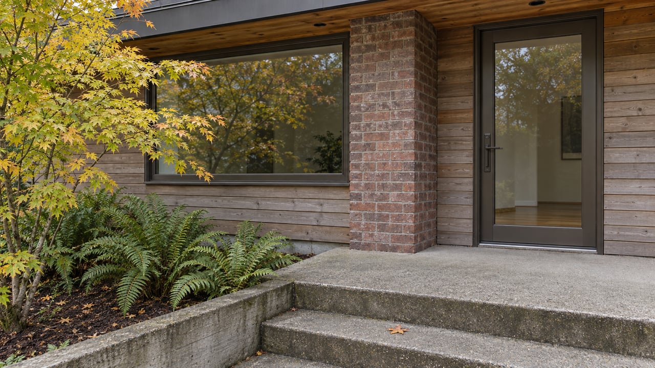 Cedar-clad home entrance with bronze-framed glazing, a brick pier and concrete steps beside a vine maple and sword ferns.