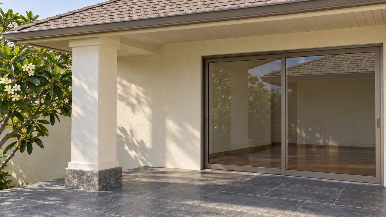 Close view of a cream home's shaded lanai, tan shingle roof, bronze-framed glass doors and charcoal stone terrace beside white-flowering frangipani.
