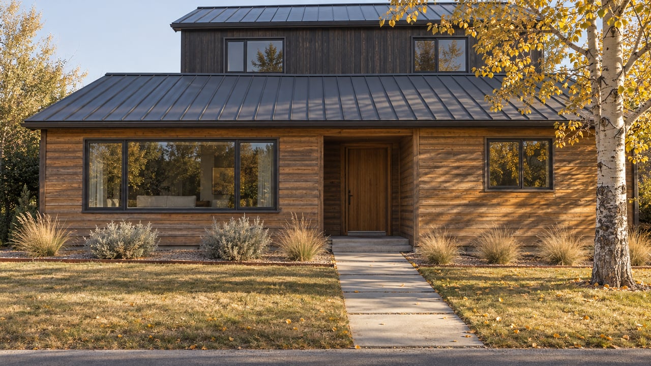 Timber-sided home with a dark upper story, three-pane front window, and golden aspen beside path.