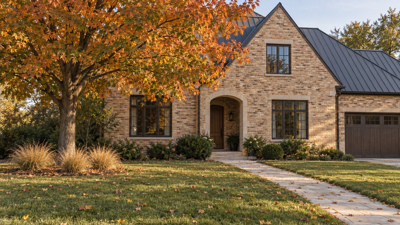 Brick house with a gabled roof and arched entry beside a mature maple with orange and amber leaves.