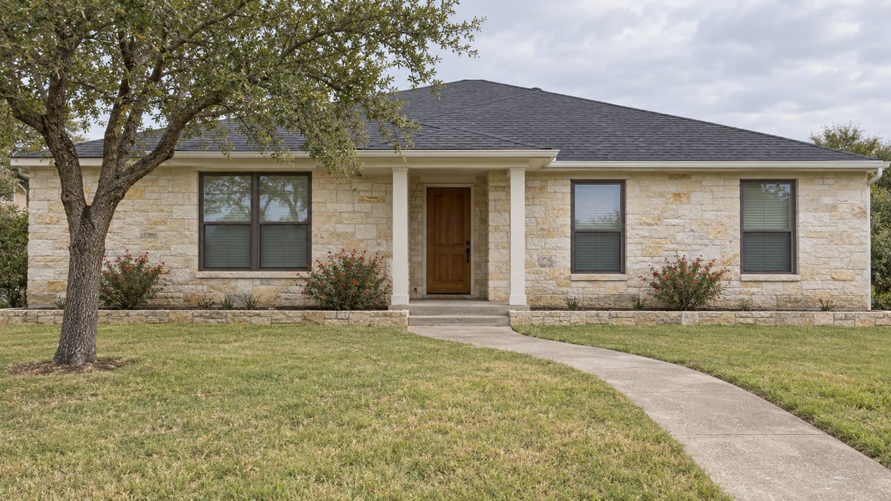 Single-story limestone home with a stained wood front door, broad front lawn, live oak and a concrete approach in soft daylight.
