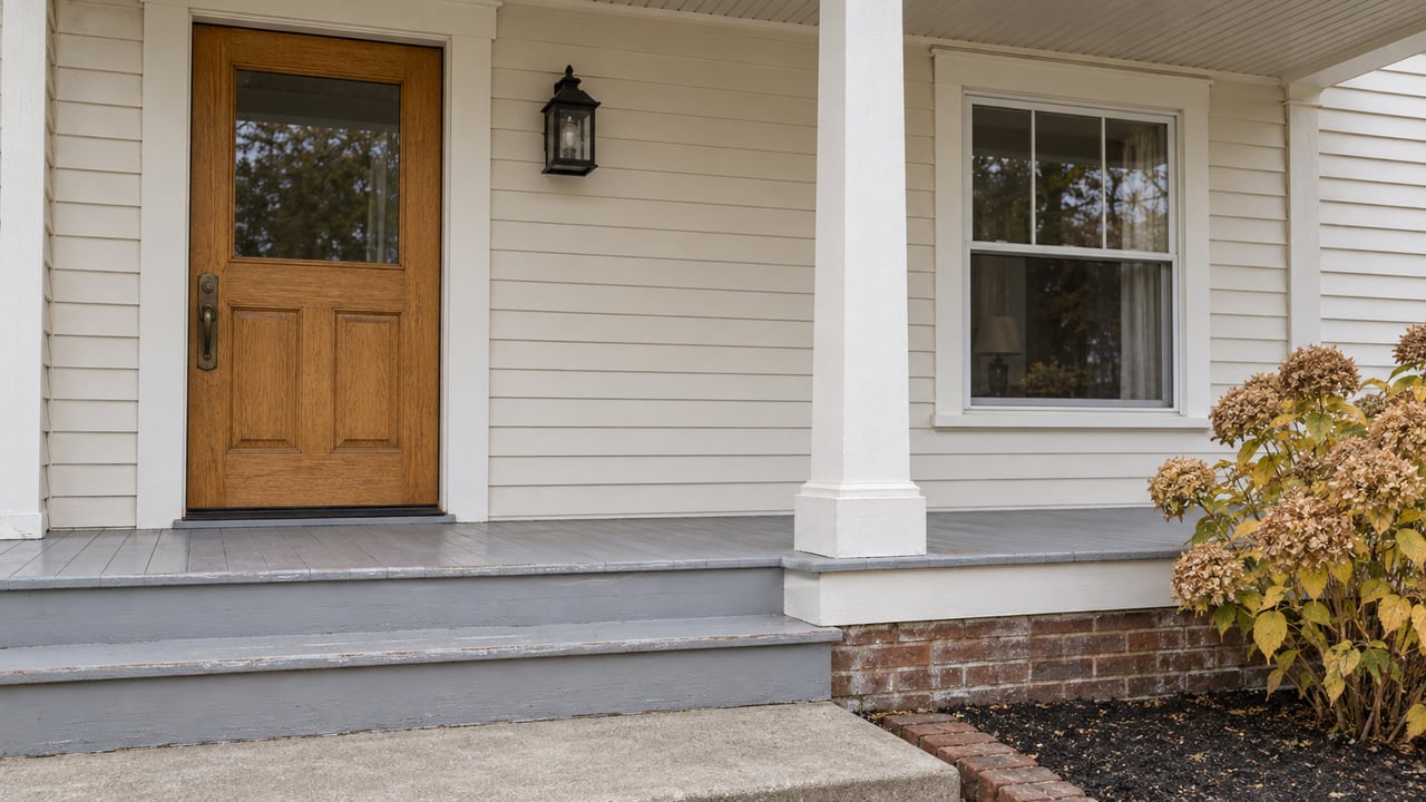 Close view of a covered house entry with an oak door, ivory clapboard, worn gray porch steps and dried hydrangea flowers.