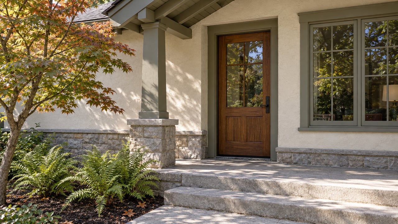 Sunlit stucco home entrance with an oak glazed door, olive-painted window, concrete porch steps and a maple beginning to turn copper.