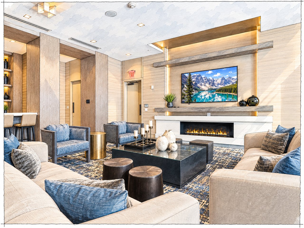 Furnished lounge with a linear fireplace, blue armchairs, and a television.