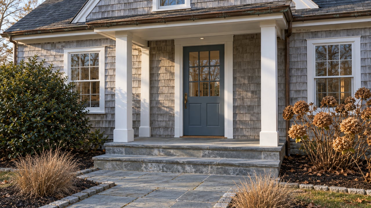Weathered cedar-shingle cottage entry with a slate-blue door, white porch posts and bluestone steps beside dormant hydrangeas.