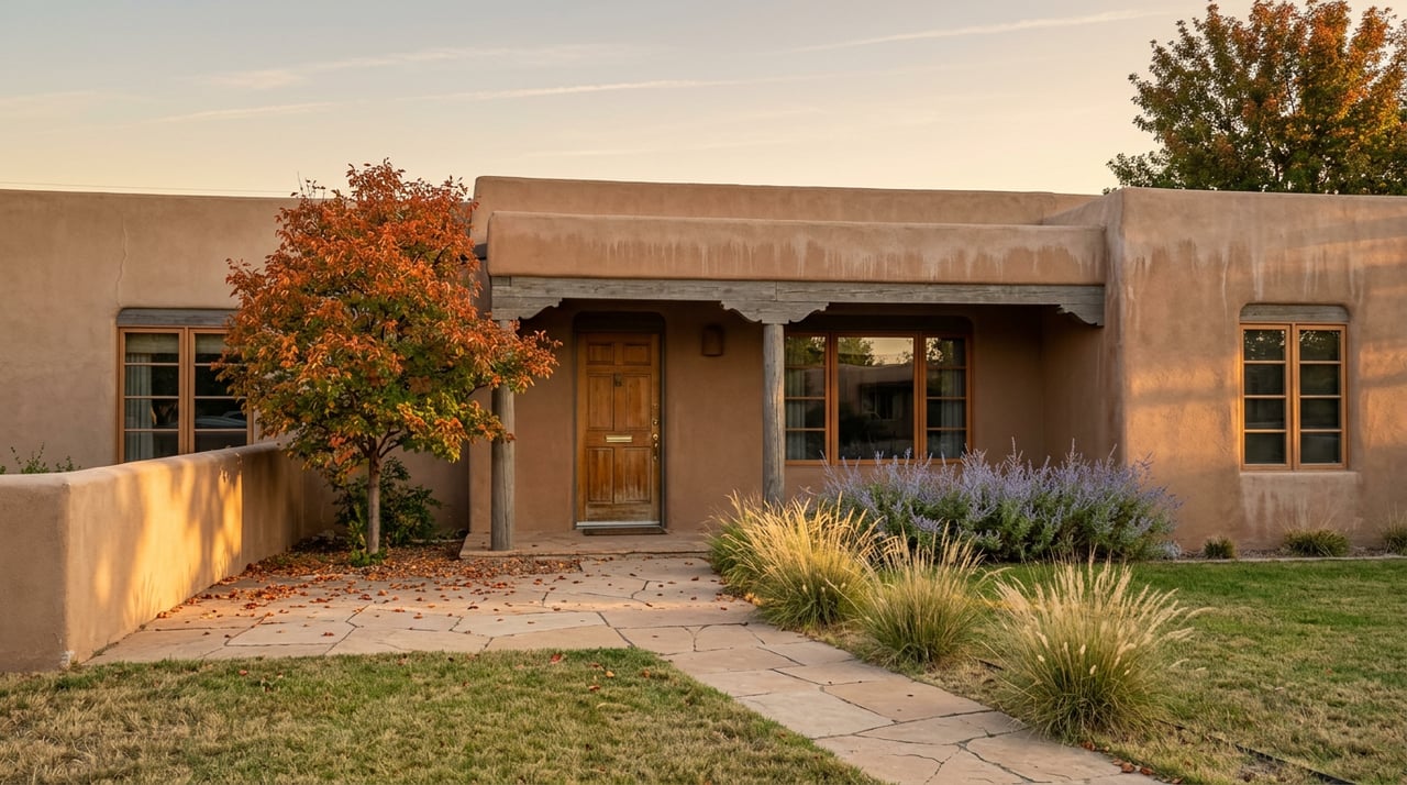 Territorial-style stucco home with a wood-beamed entry, broad lawn, flagstone path, and orange-red pistache tree.