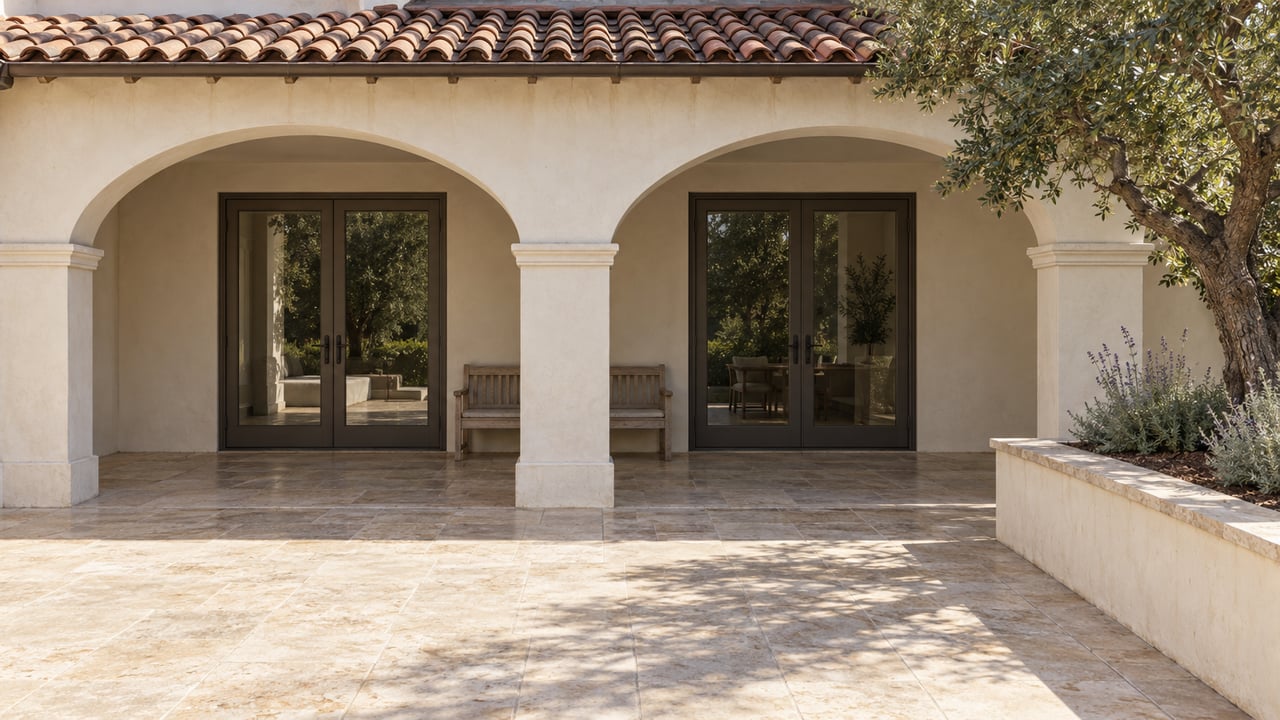 Cream stucco loggia with terracotta roof tiles, bronze-framed glass doors and limestone terrace beside a mature oak planting bed.