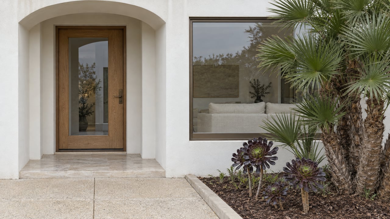Arched white-stucco home entrance with an oak-and-glass door, bronze-framed window and sculptural fan palm beside a pale concrete approach.