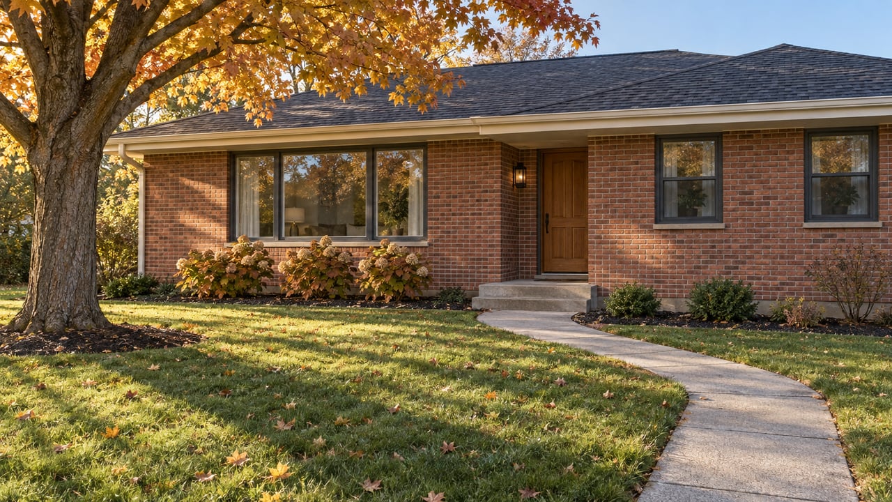 A red-brown brick home behind a deep autumn lawn, with broad windows, a recessed oak front door and an amber-leaved maple.