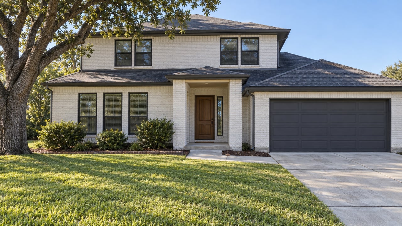 Warm-white brick home behind a deep green lawn, with a shaded wood entry, dark garage door and spreading live oak.