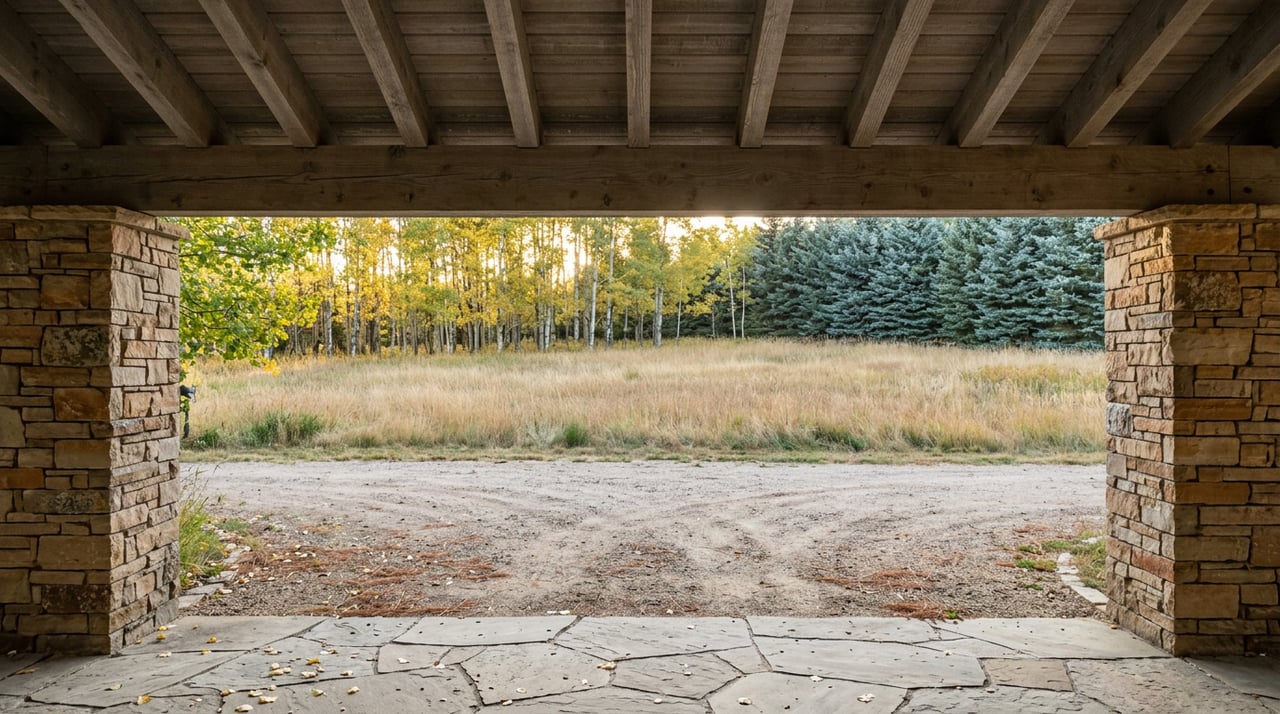 A timber-and-stone portico opens onto a gravel meadow and a grove of backlit golden aspens.