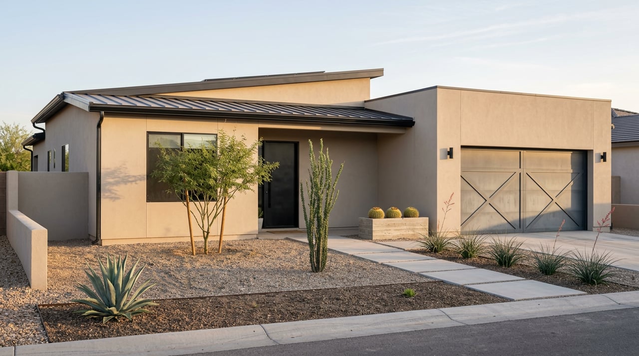 Single-story stucco home with a black crossbuck garage door, paver walkway, and desert plants in a gravel yard.