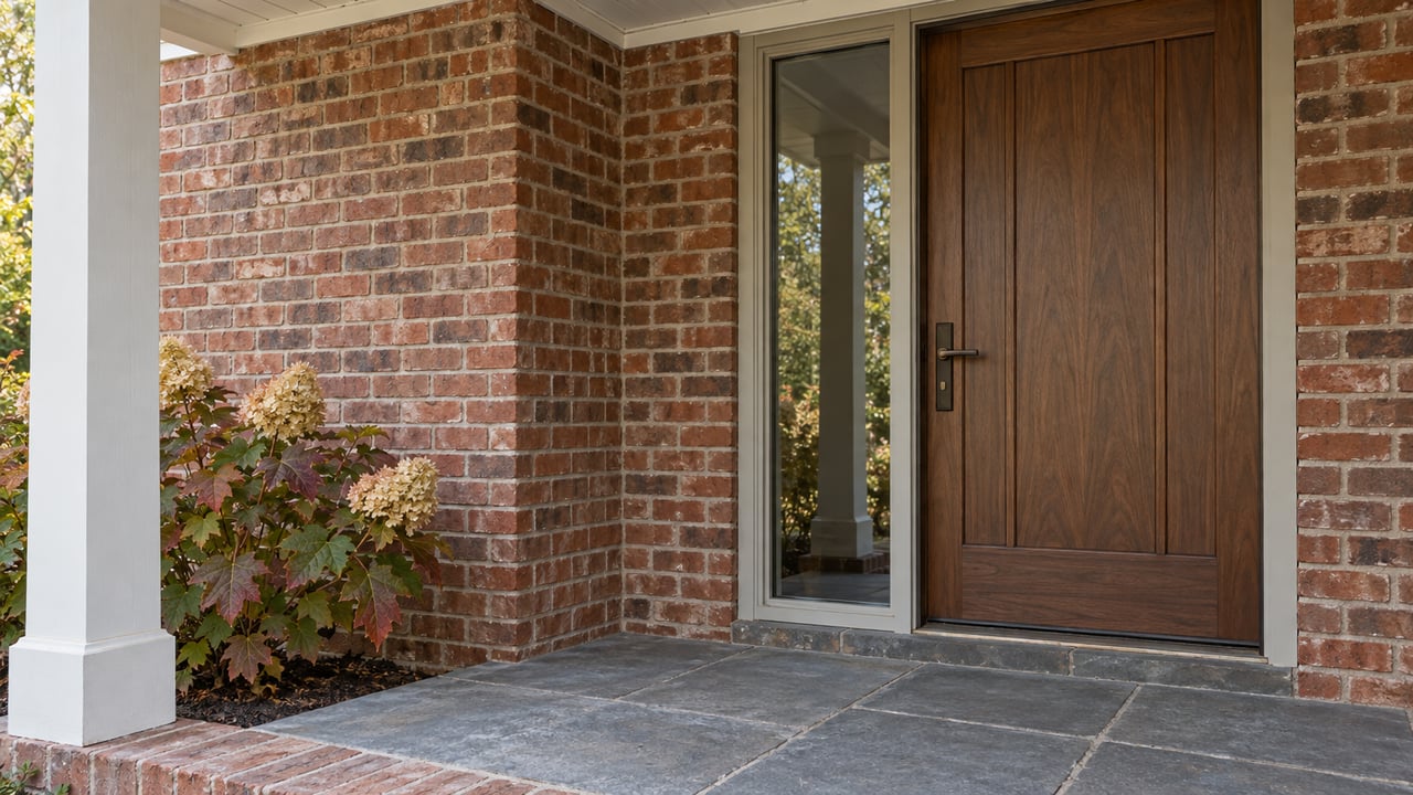 Walnut front door and tall sidelight beneath a painted porch ceiling, with warm brick, bluestone paving and oakleaf hydrangea.