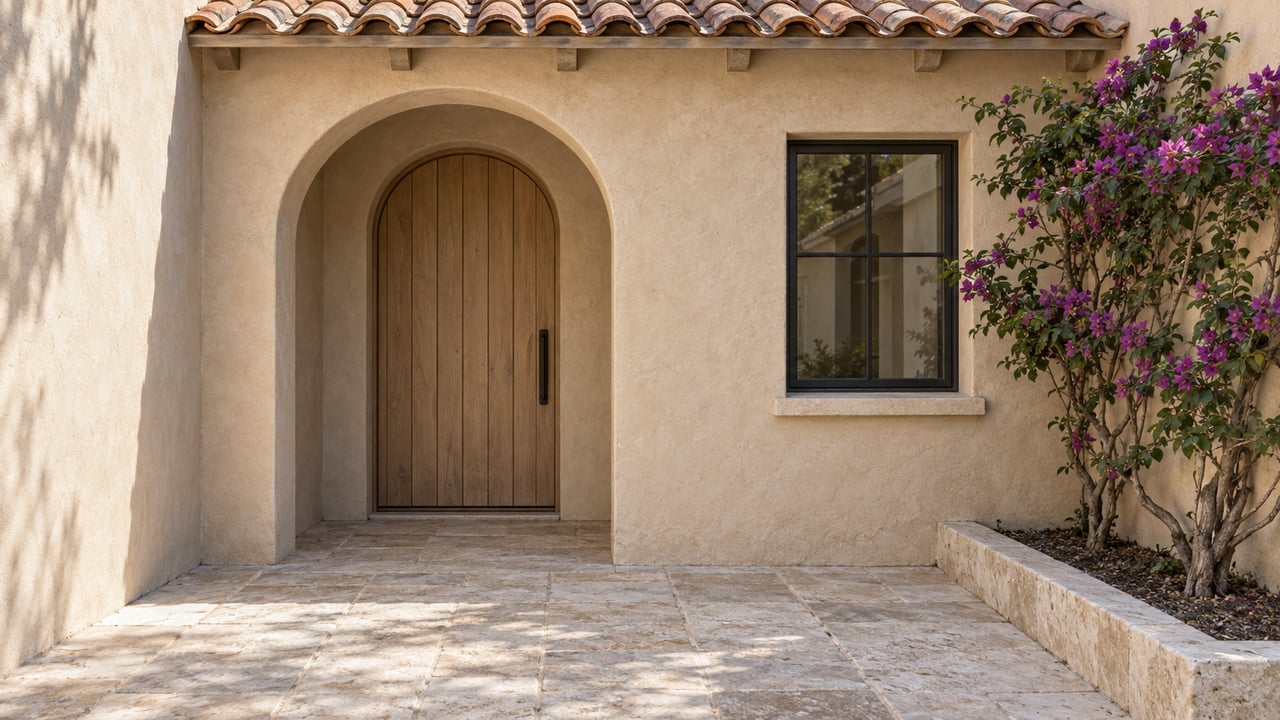 Close view of a sand-colored stucco home entrance with a pale oak door, clay-tile eave, limestone paving and purple bougainvillea.