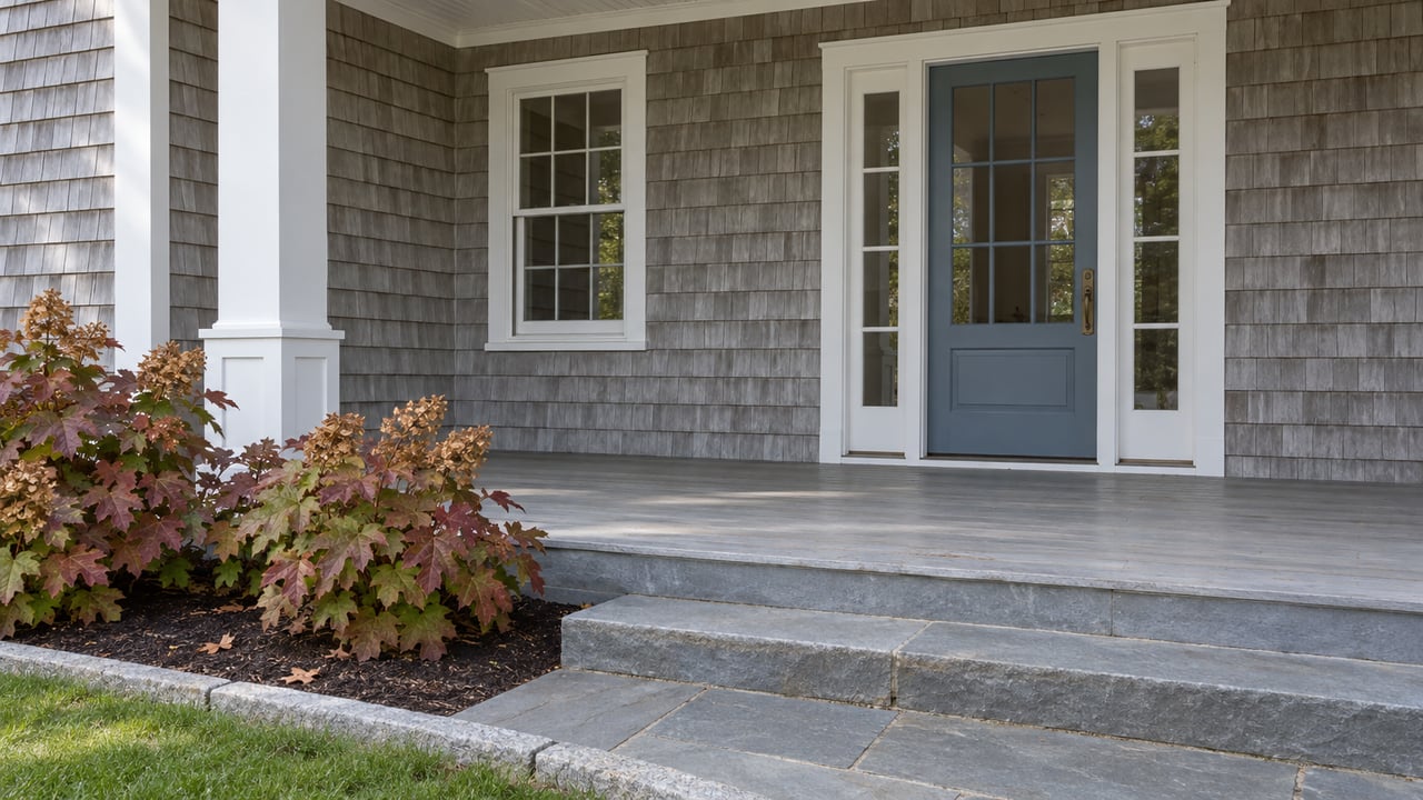 Home entrance with a blue door, white columns, stone steps, and autumn foliage.