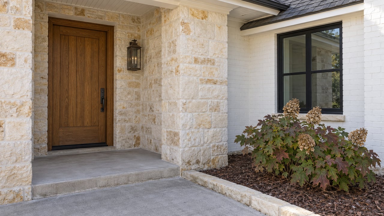 Oak front door recessed beneath a white porch roof, beside cream limestone, white painted brick and a black-framed window with oakleaf hydrangea below.