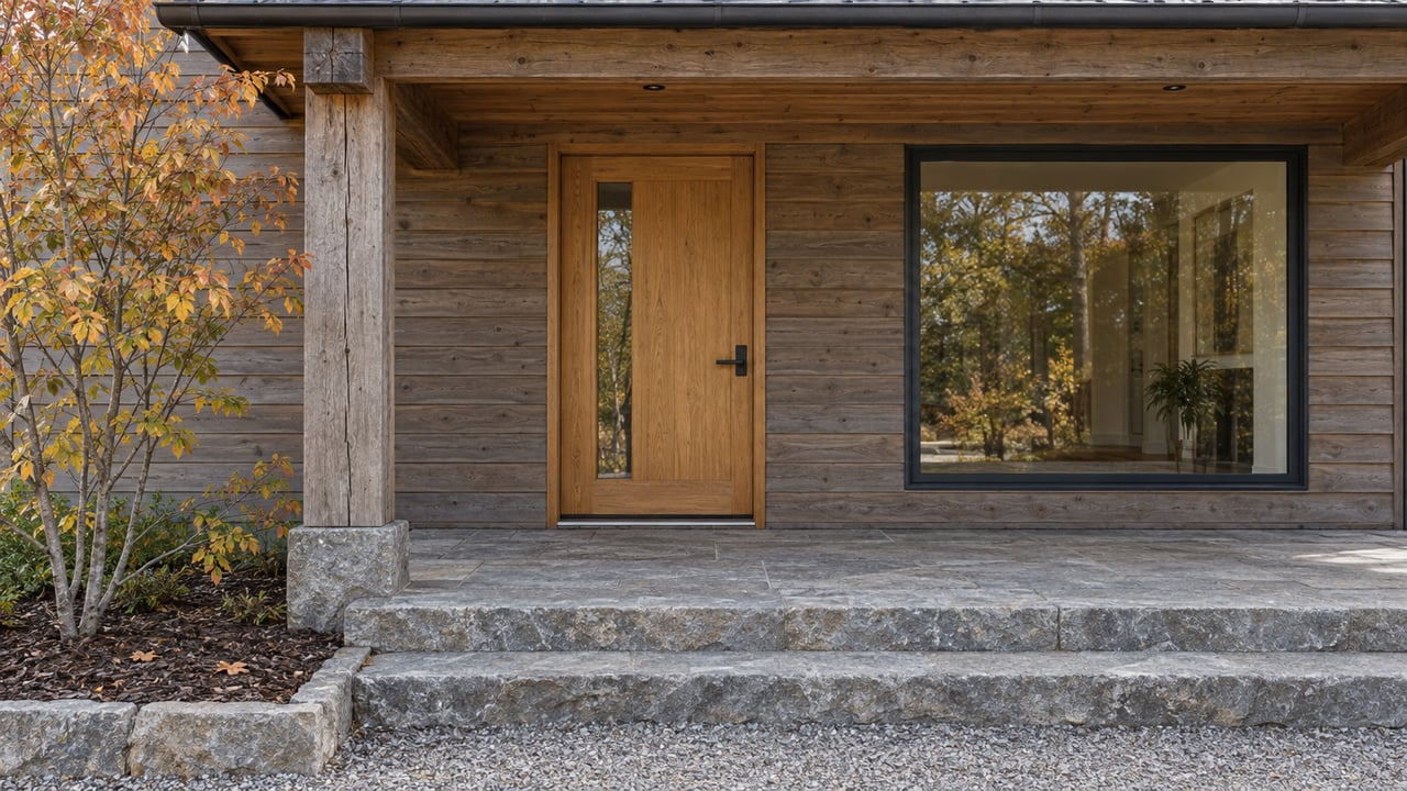 Weathered cedar entrance beneath a timber porch, with gray stone steps and copper-yellow serviceberry leaves.
