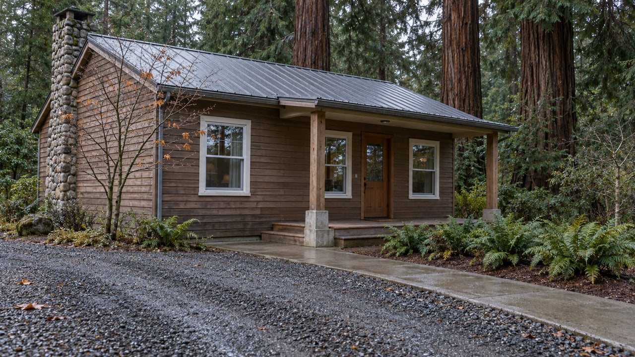Weathered cedar cottage with a covered porch and damp gravel approach beneath tall conifers in winter daylight.