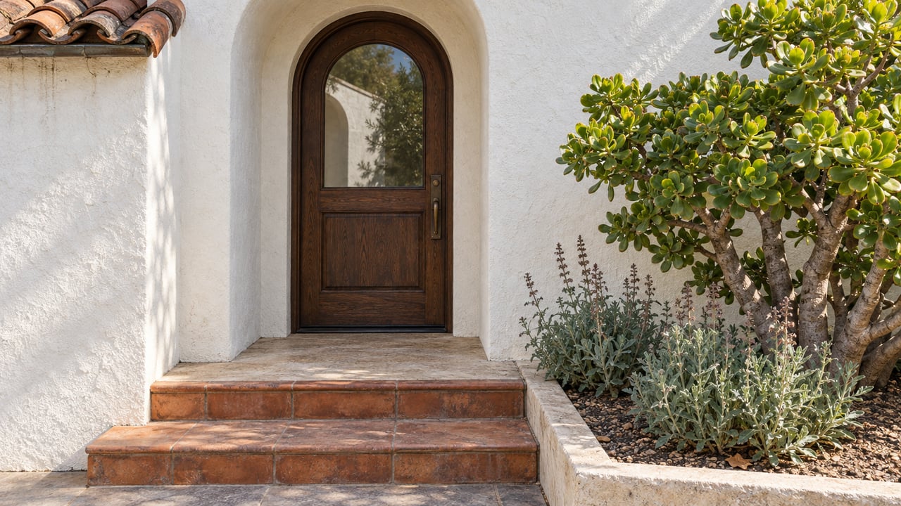 Sunlit white-stucco arched entrance with a glazed oak door, worn terracotta steps and a sculptural jade plant in an edged planting bed.