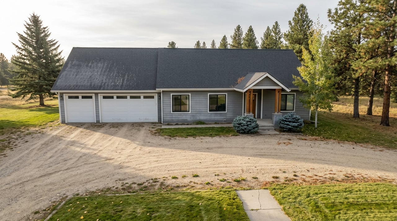 Ranch-craftsman home with gray siding, triple garage, gravel drive, and autumn-yellow aspen among conifers.