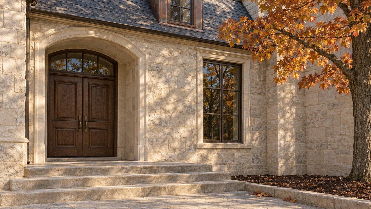 Limestone manor entrance with dark oak double doors, slate roofing and an amber-leaved sugar maple beside stone steps.