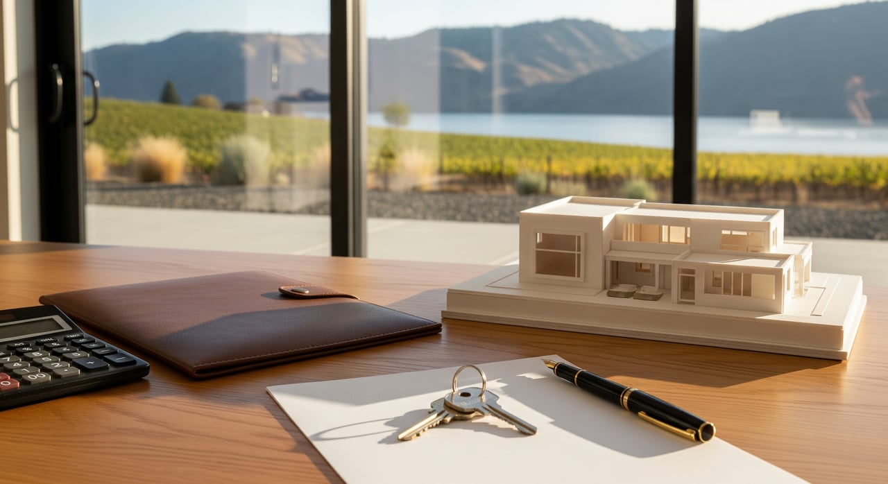 Modern house model on a desk beside keys and pen, overlooking a lake and hills.