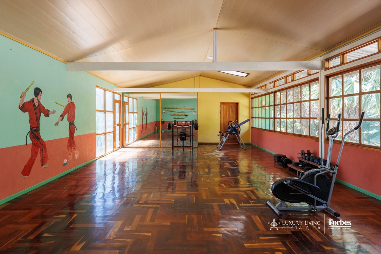 Home gym with exercise equipment, martial arts murals, and polished parquet flooring.