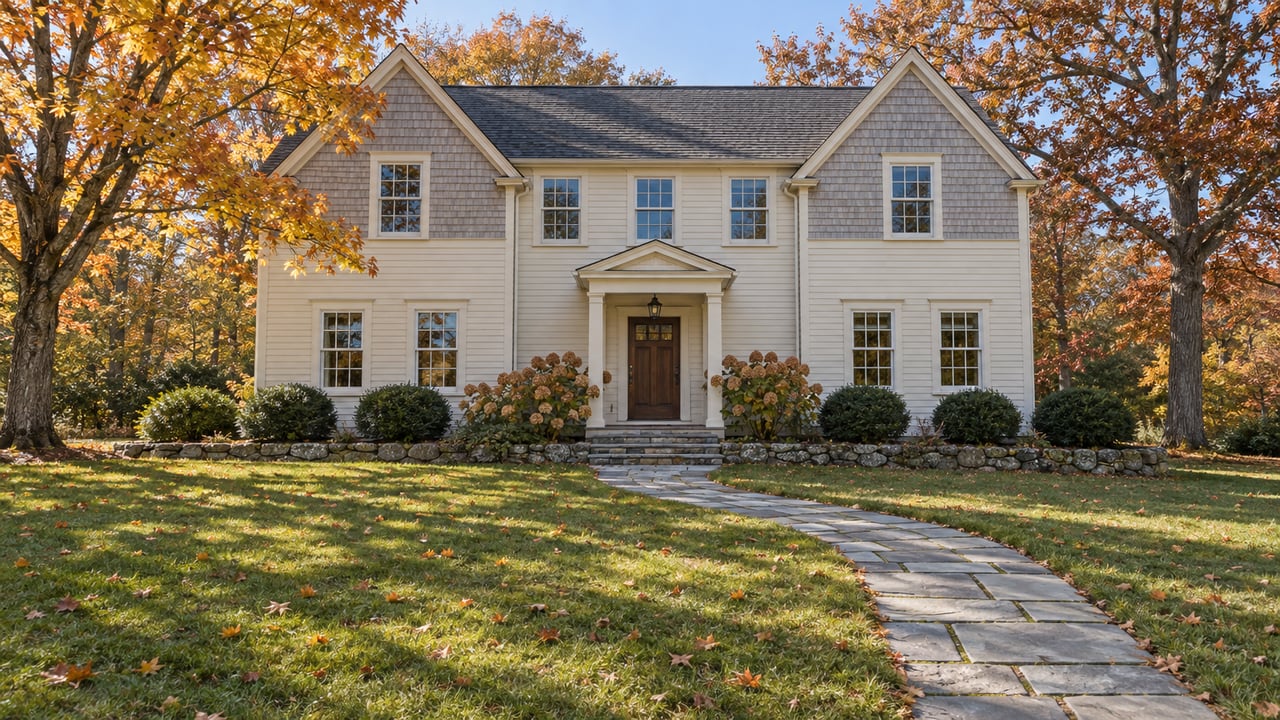 Light clapboard home with steep gables beyond a broad autumn lawn, a bluestone approach and amber-leaved trees.