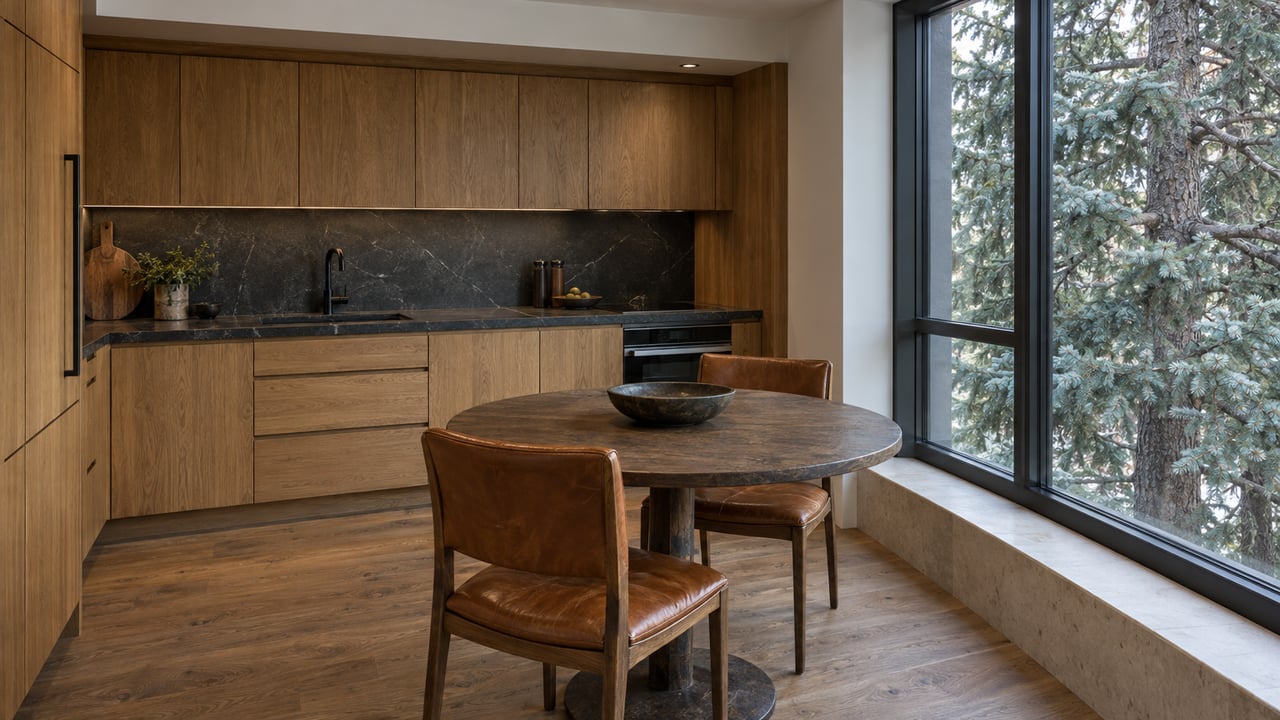 Compact oak kitchen and dining nook with a round table beside a large window framing a spruce.
