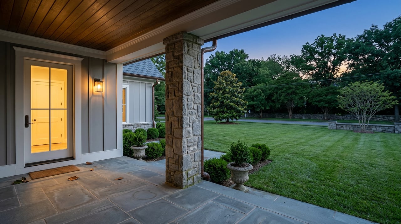 Stone-columned porch with a glowing glass door overlooking a lawn, boxwood-lined walk, and mature trees at dusk.