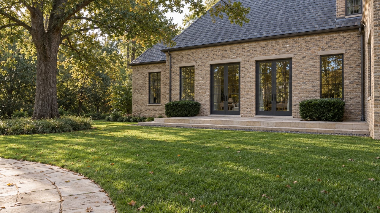 Brick house wing with glazed doors and windows beside a broad lawn and mature white oak.