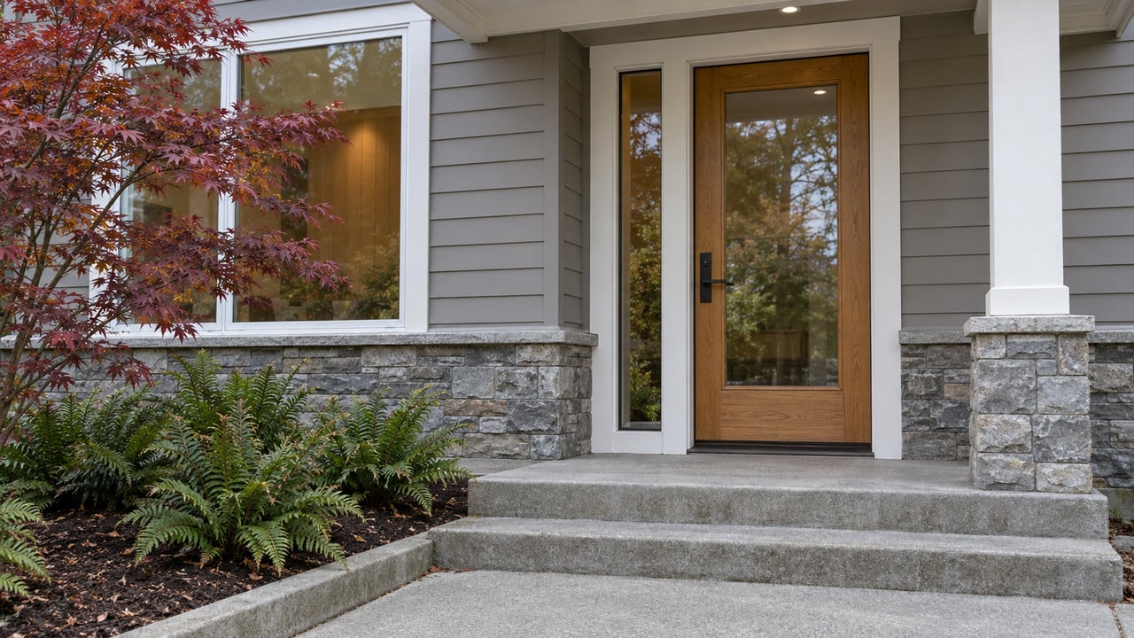 Covered home entrance with a glazed oak door, gray lap siding, stone base, concrete steps and burgundy maple leaves.