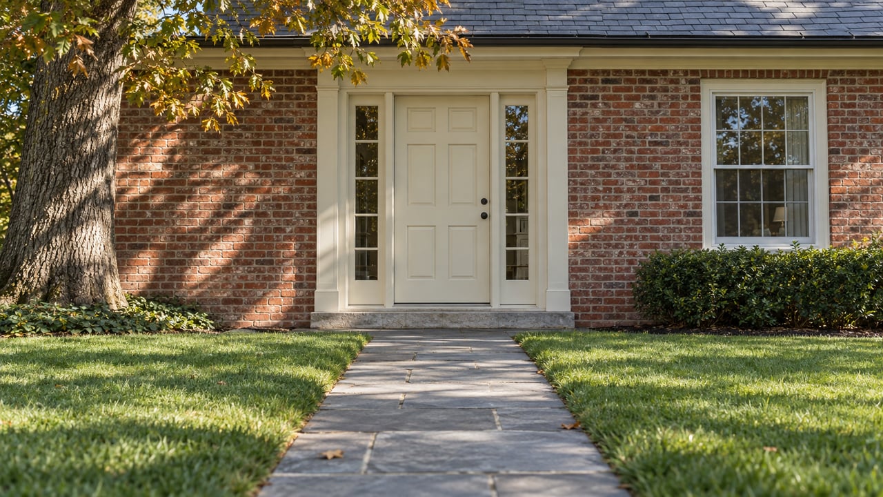 Brick house entry with an ivory paneled door, divided-light sidelights, bluestone path, and amber-leaved oak.