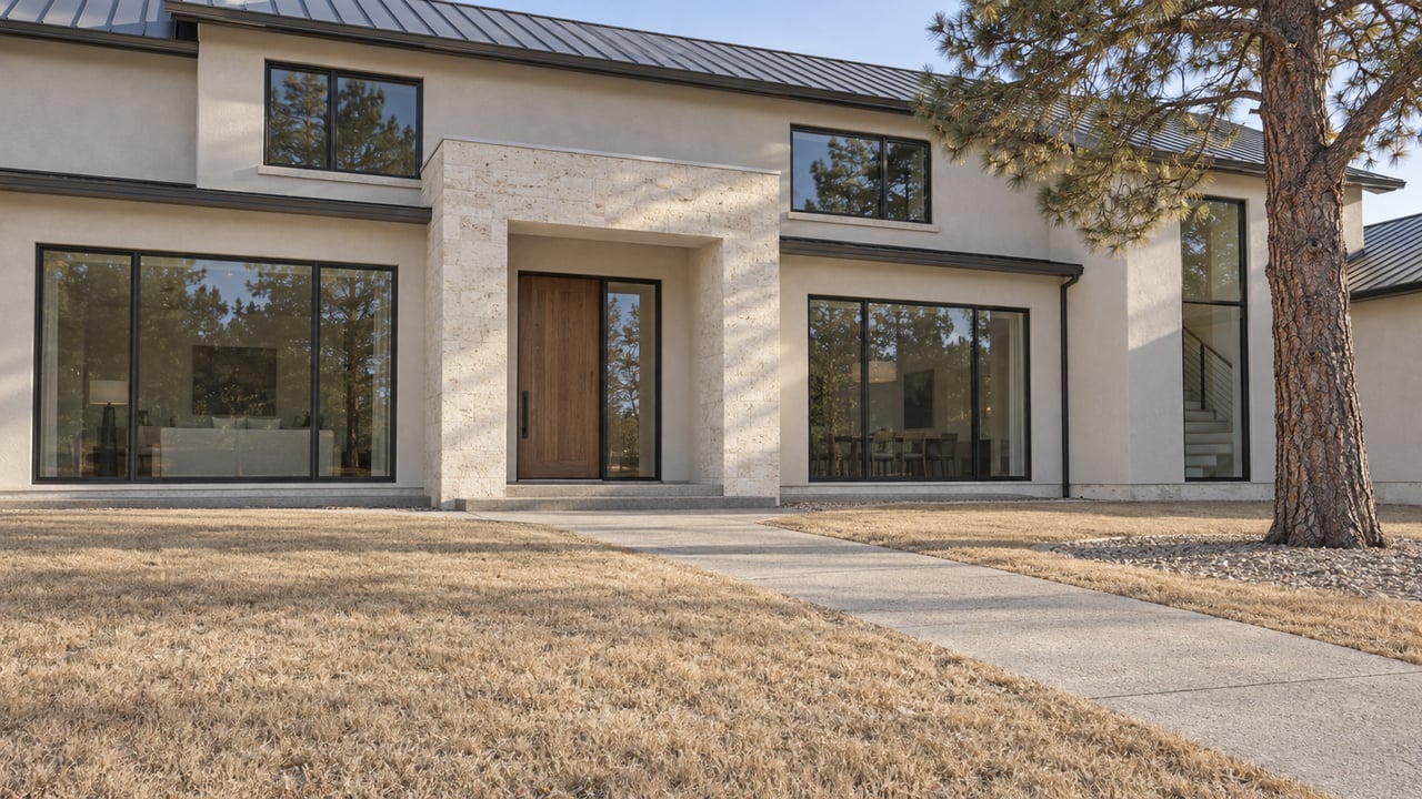 Winter sunlight across a tawny front lawn, concrete approach, and cream-stucco home with limestone entry and dark-framed windows.