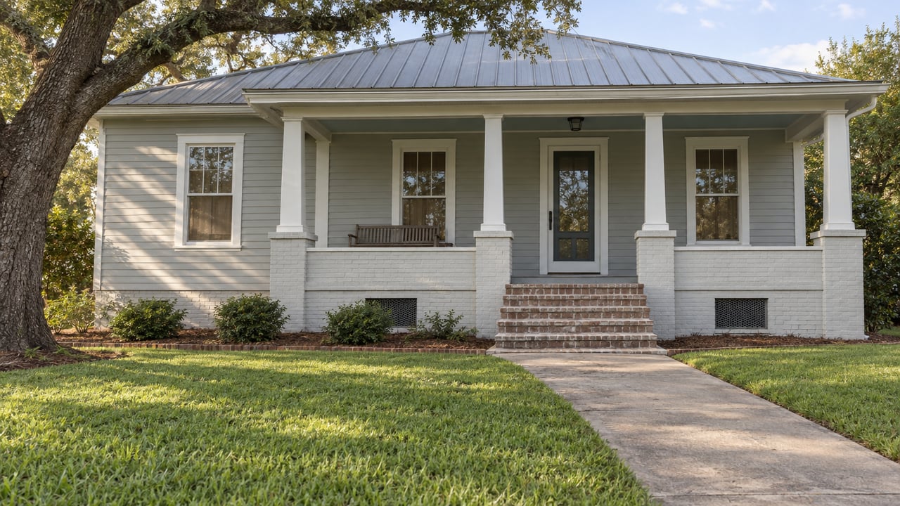 Raised pale-gray cottage with a covered porch, brick steps and a deep lawn framed by a mature live oak.