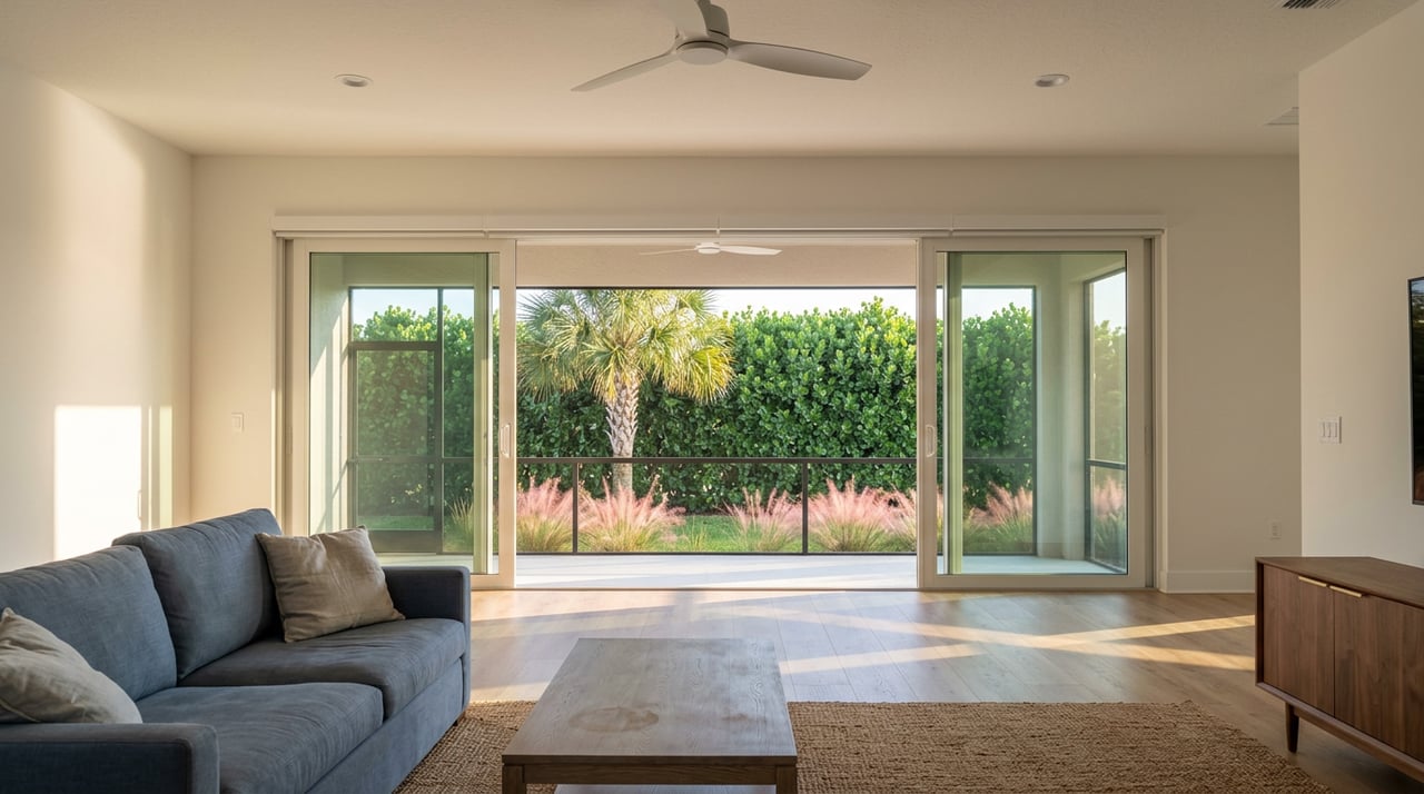Slate-blue sofa and driftwood coffee table face open glass doors, with a Sabal palm and clipped hedge beyond.