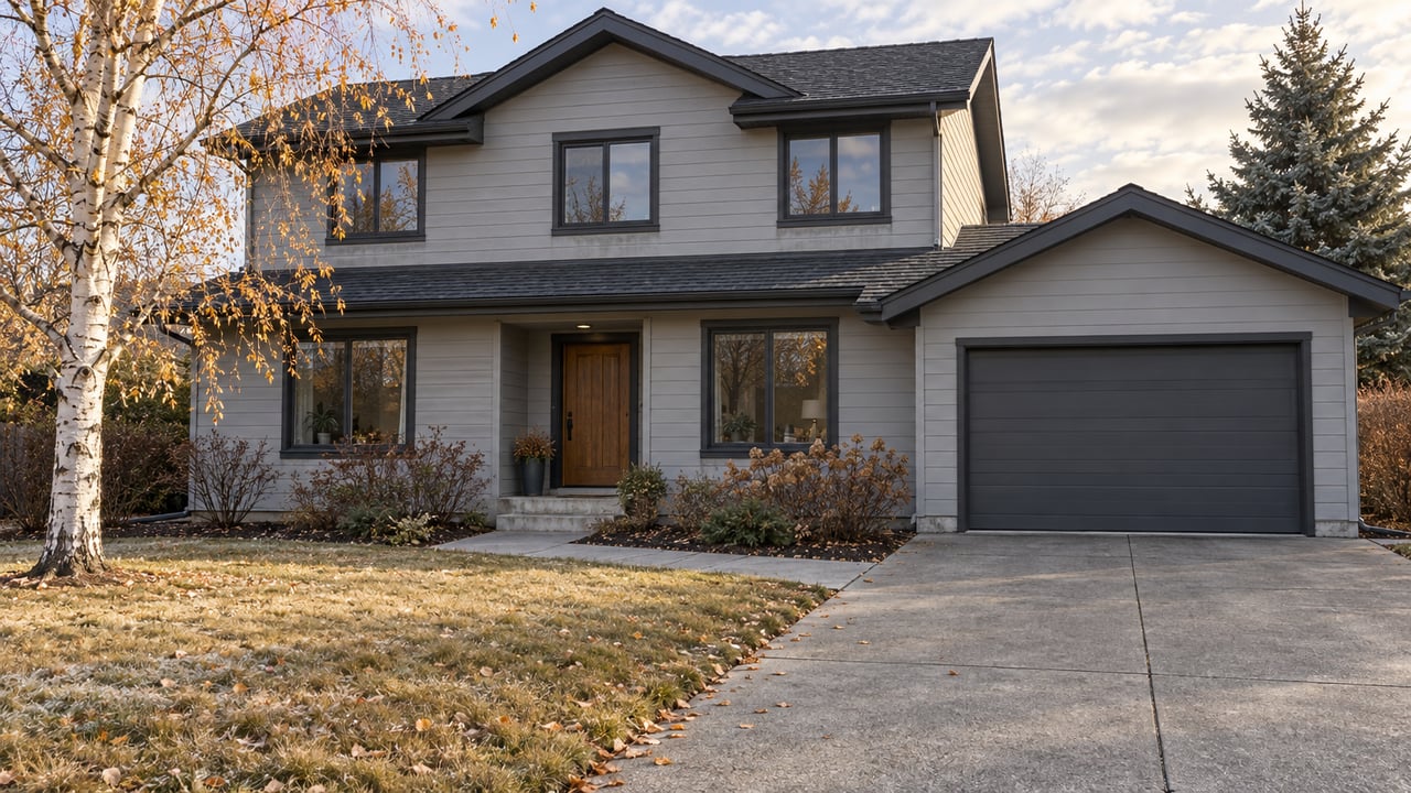 Pale-sided gabled home with a charcoal garage door, frosted front lawn and a golden-leaved birch beside the driveway.