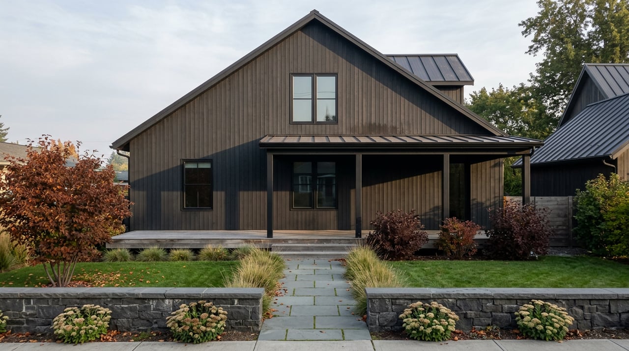 Dark cedar home with a covered porch, stone garden wall, and russet serviceberry tree on a narrow lot.
