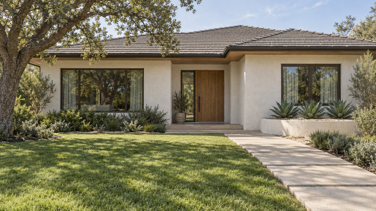 White stucco home with a low tiled roof, bronze-framed windows, oak front door, deep lawn, and a mature sculptural oak.