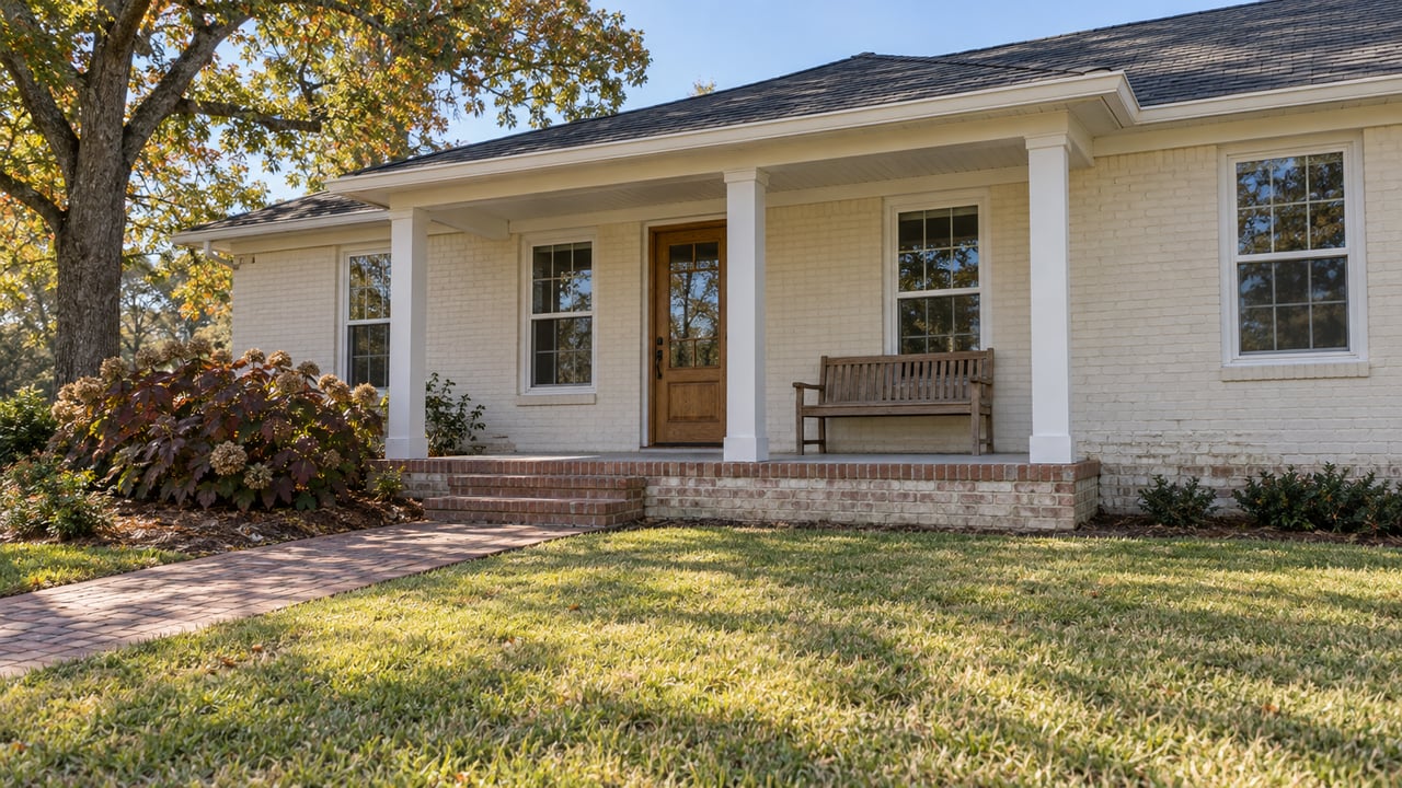 Cream-painted brick home with a covered porch, oak door, brick approach, and autumn oak and hydrangea planting across a deep front lawn.