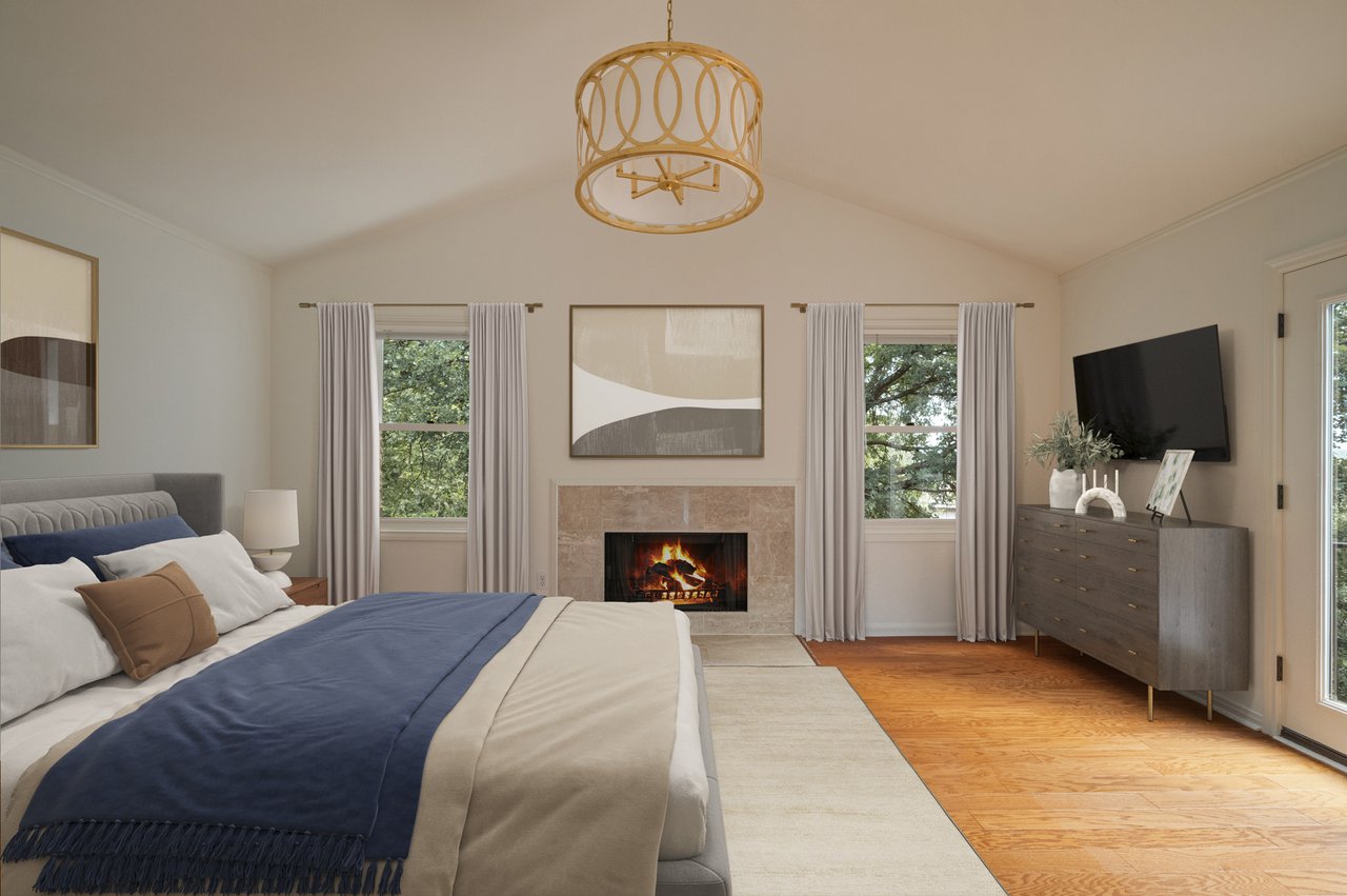 Virtually staged primary bedroom with vaulted ceiling, tile fireplace and treetop windows, 6010 Long Champ Ct, Westlake.