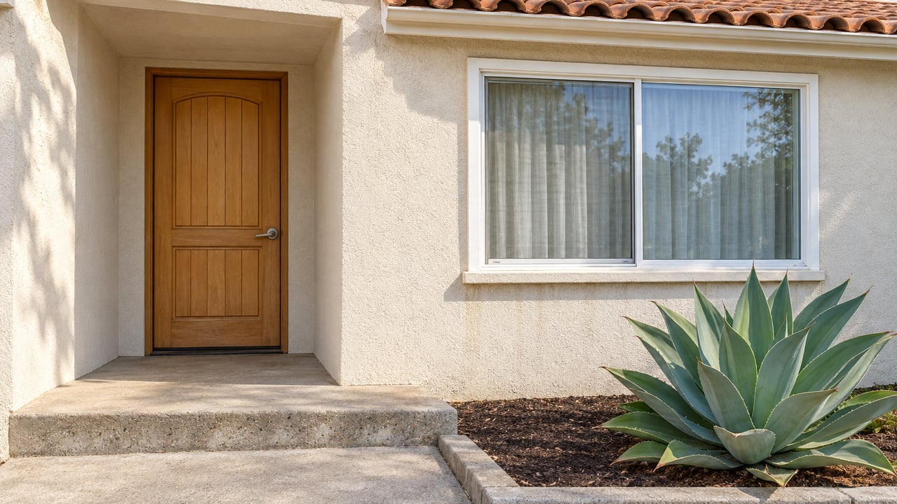 Sunlit cream stucco home entry with a wooden door, white-framed window, terracotta roof tiles and a blue-green agave beside a concrete step.