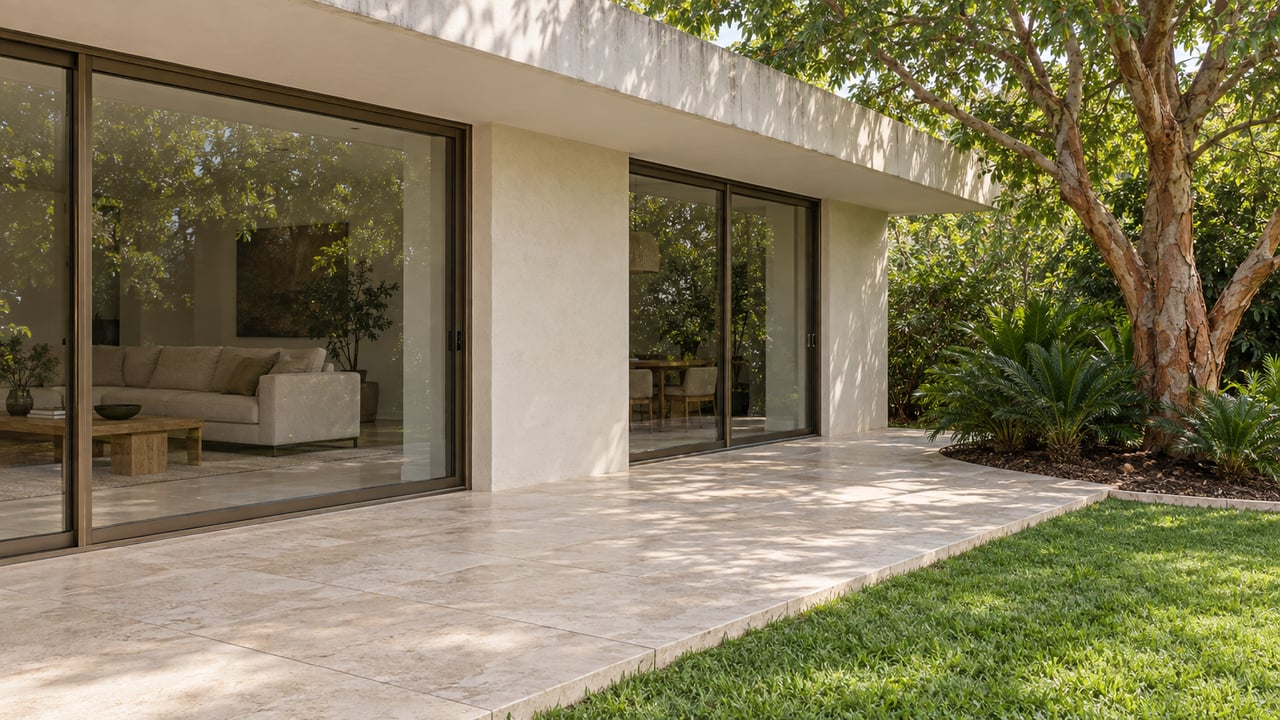 Cream stucco home with closed bronze-framed sliding doors, a pale travertine terrace and a copper-barked tree beside the lawn.