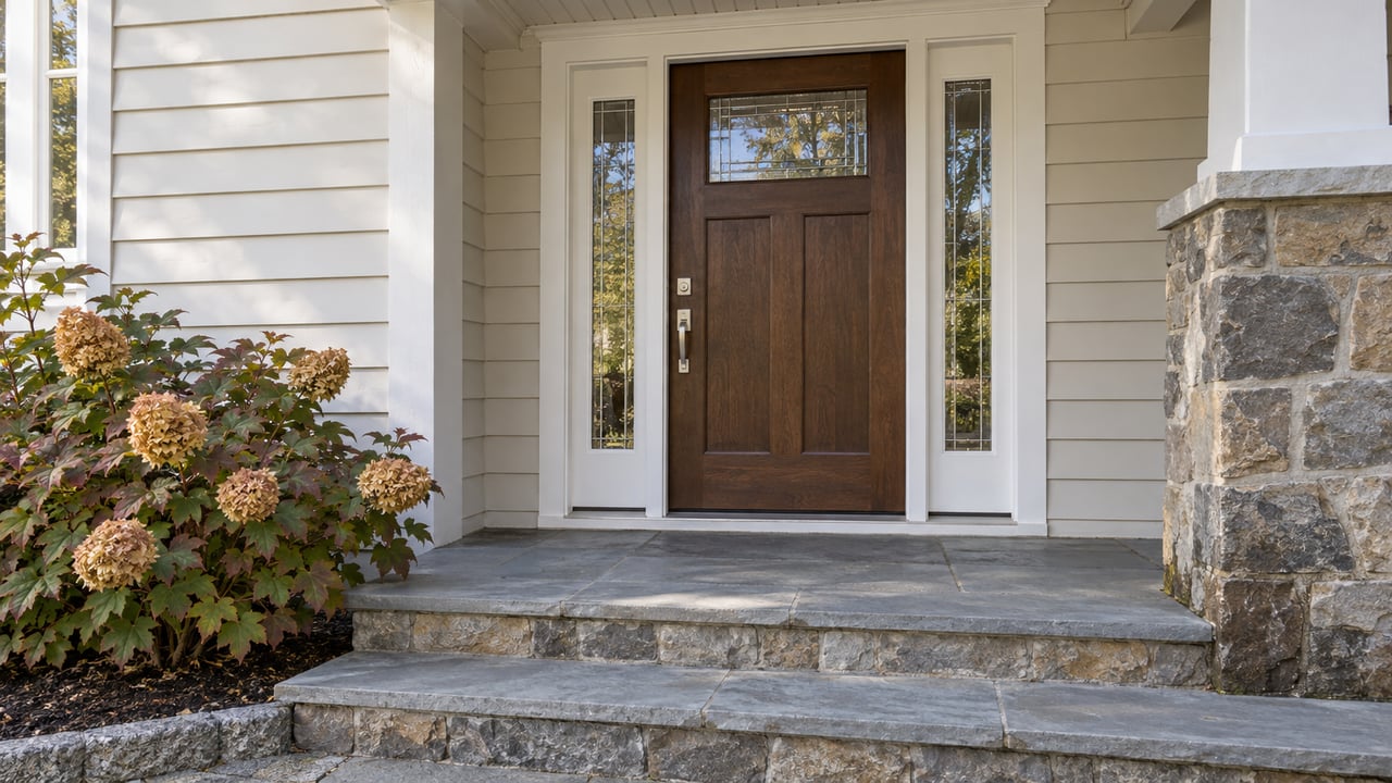 Covered home entry with a walnut-colored door, matching glazed sidelights, ivory siding, stone pier and bluestone steps beside autumn oakleaf hydrangea.
