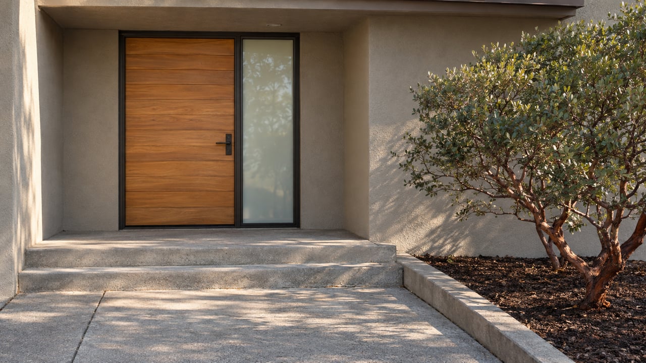 Warm wood front door and frosted-glass sidelight beneath a shallow roof, with concrete steps and a sculptural manzanita beside the approach.